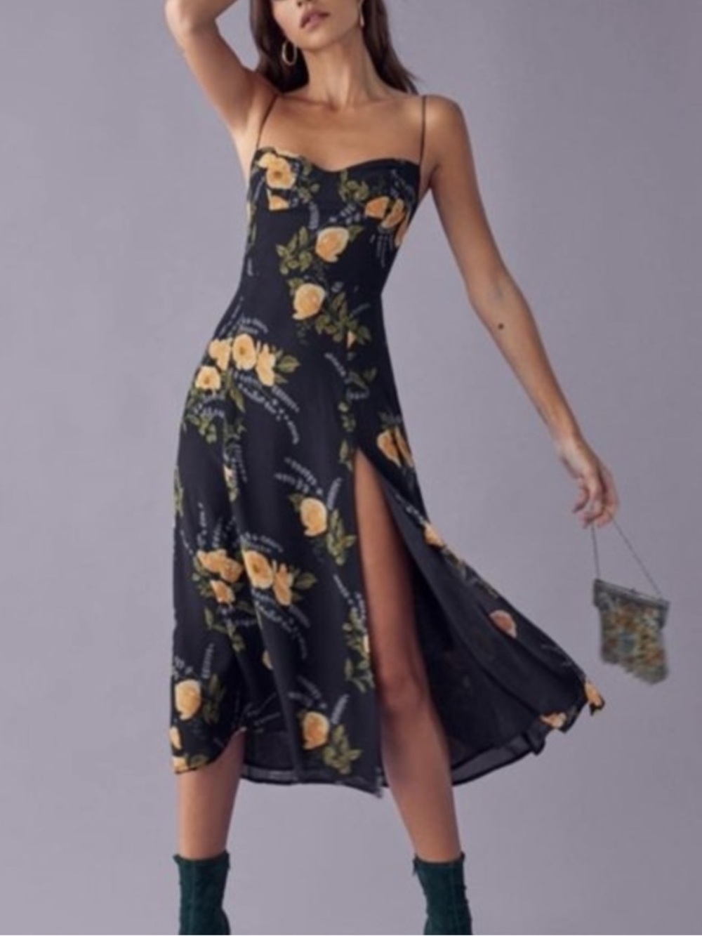 Reformation Navy Slip Midi Dress with Yellow Rose Print